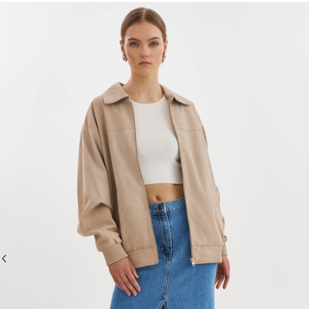 LaMarque Caden Suede Oversized Bomber Jacket Goatskin in “Sand” Tan